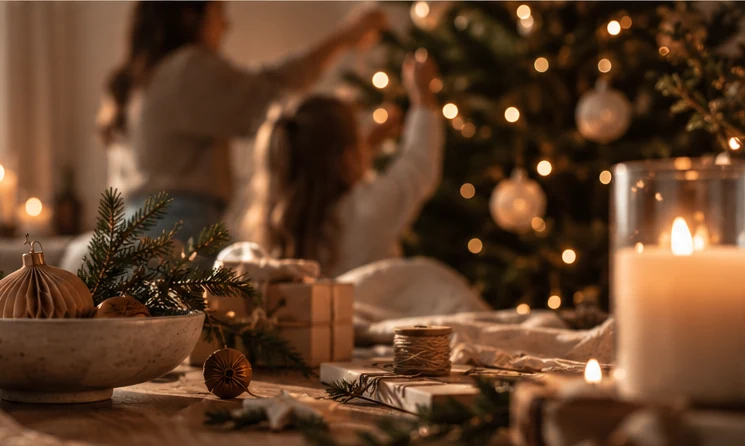 Ouder en kind versieren in rustig winterlicht samen de kerstboom